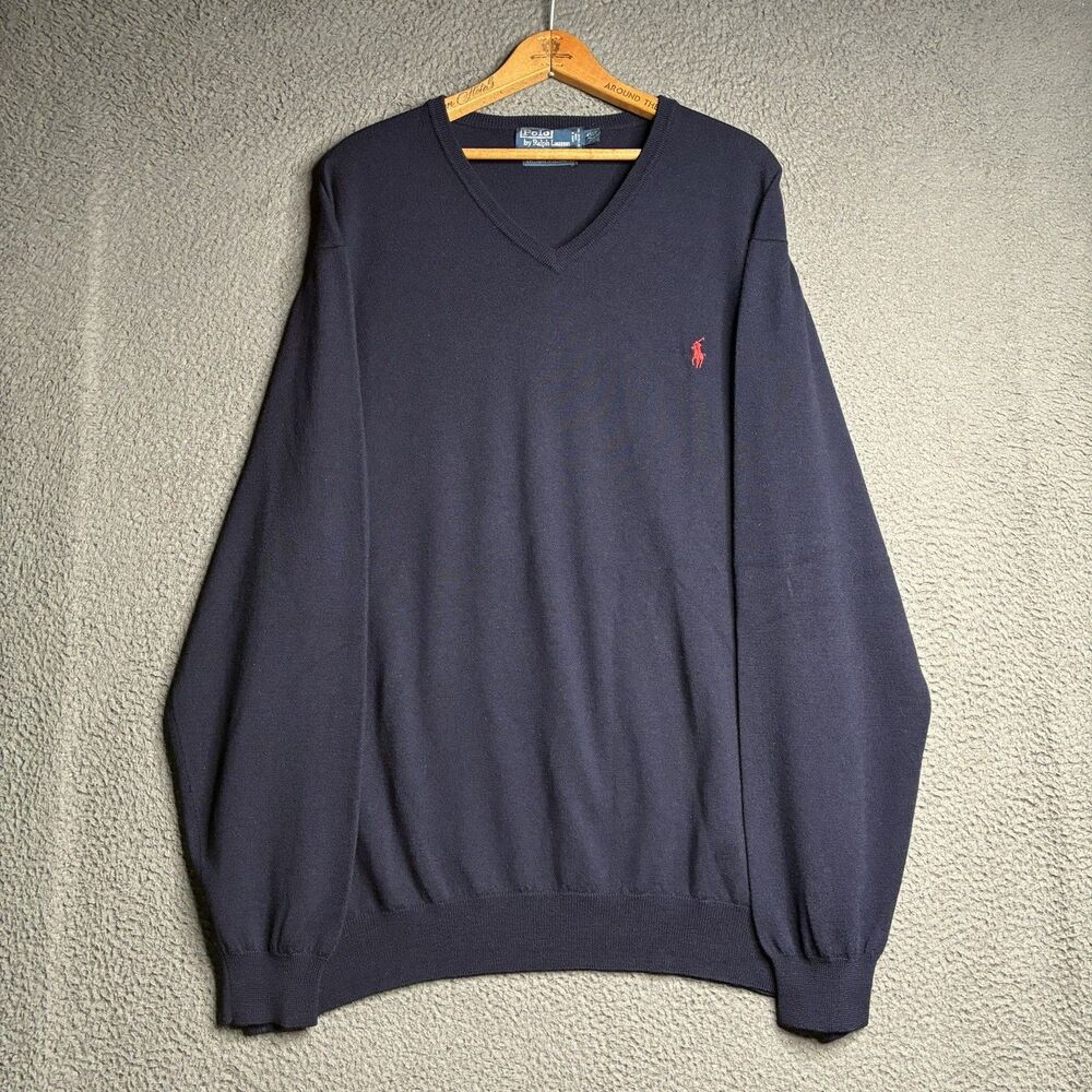 Polo Ralph Lauren Mens 4XLT Merino Wool V-Neck Sweater Navy Blue Pony